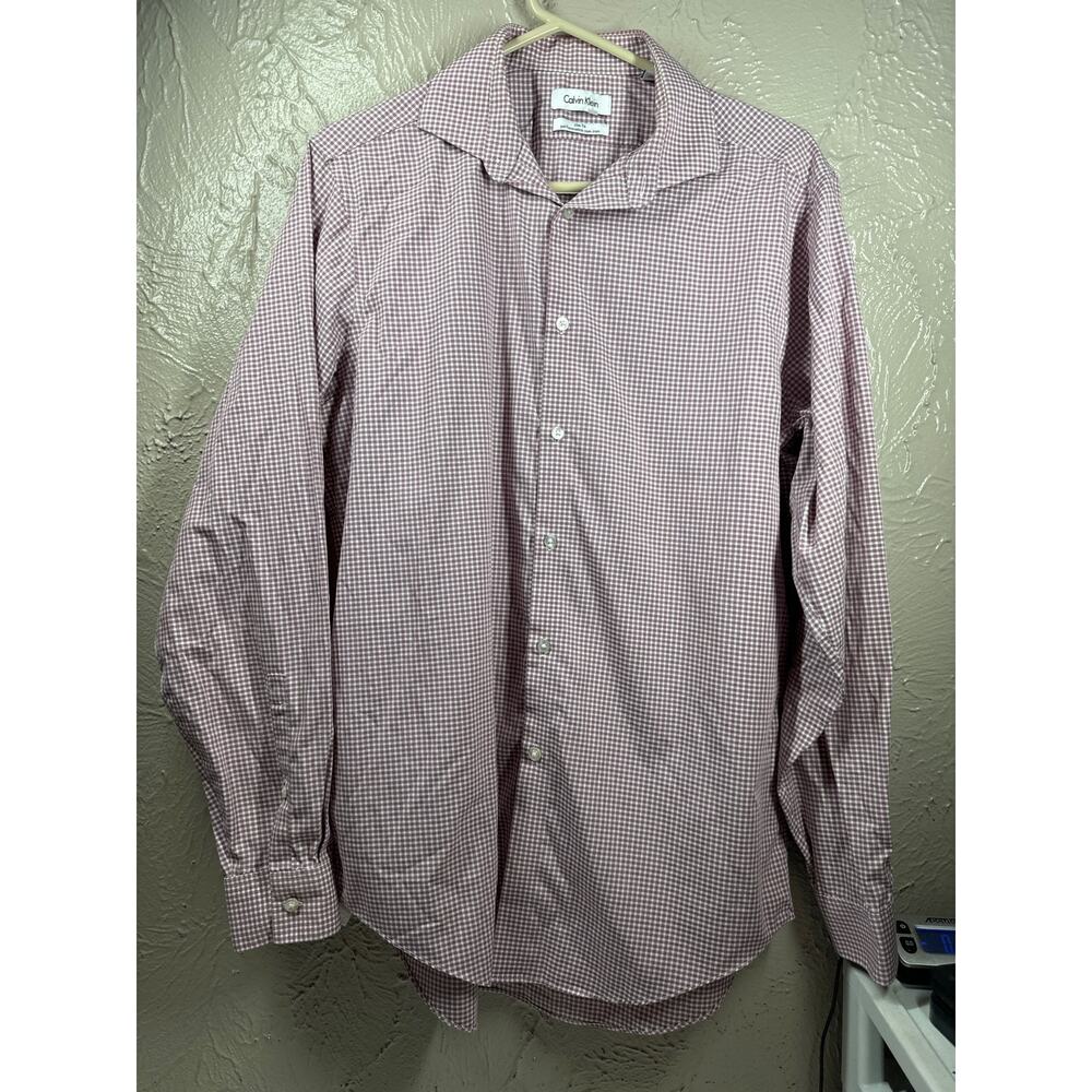 Calvin Klein Men’s Shirt No Iron‎ Checked Red White Slim Fit Size 16 34/35